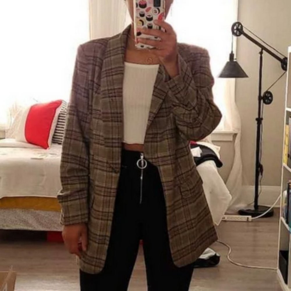 Plaid Flap Detail Shawl Collar Blazer Jacket work office Business Chic - Picture 16 of 16